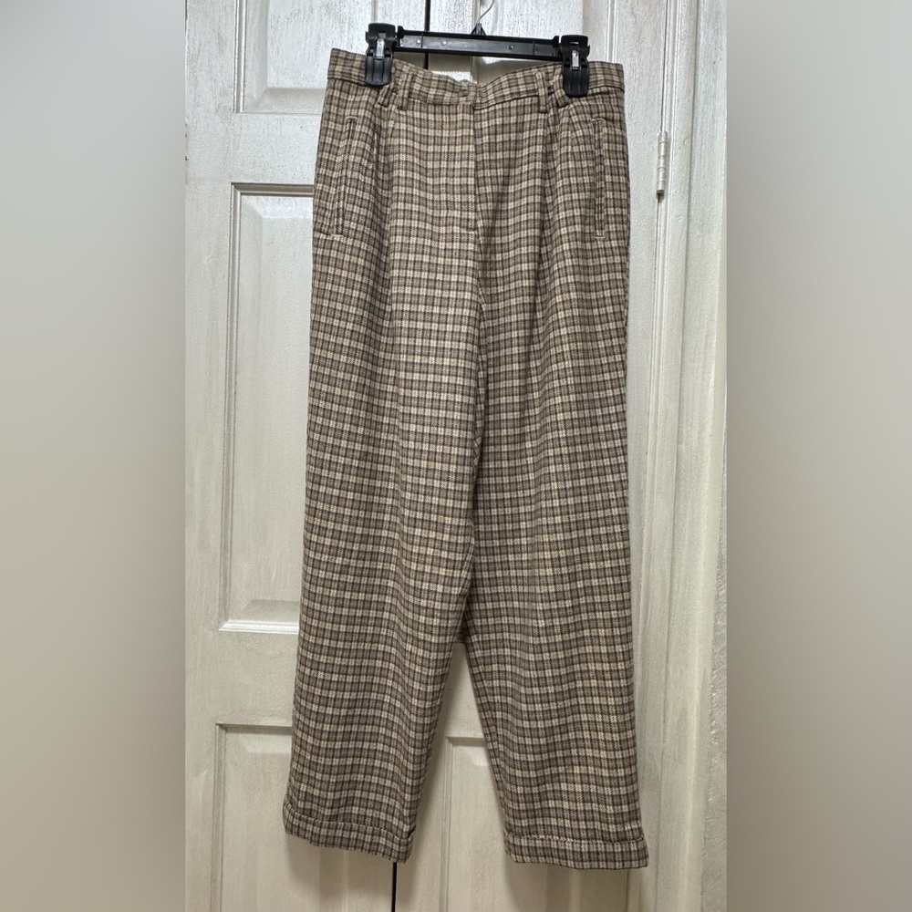 Woolrich Women 14 Brown Wool Blend Plaid Tapered High Rise Lined Pockets Pants - Picture 1 of 13
